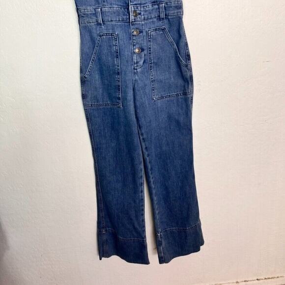 Aerie Overalls Womens XS Blue Button Front Kick Flare Denim Apron Bib - Picture 8 of 16